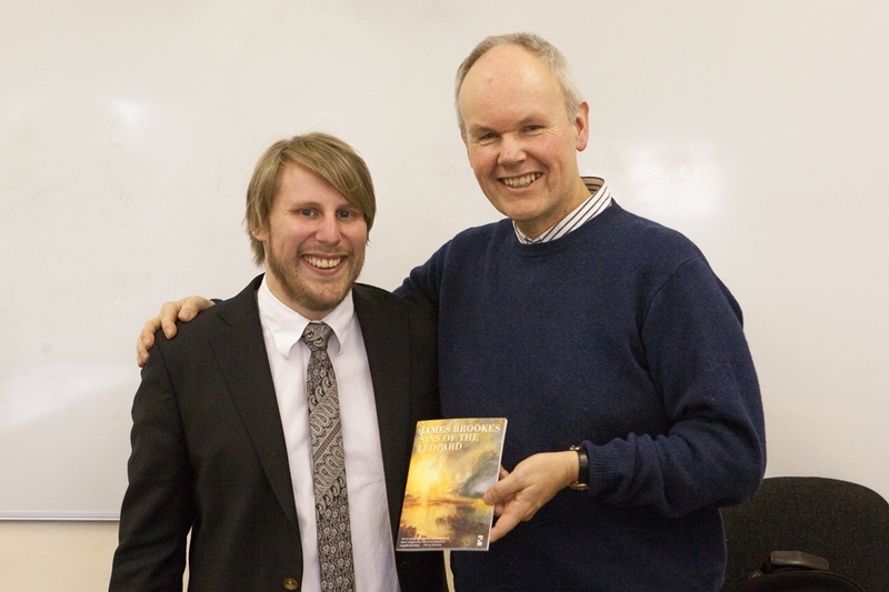 Two published poets - James Harpur (2 North 1975) is presented with a copy of Sins of the Leopard by James Brookes (2 North 1995). The book has been shortlisted for the Dyan Thomas Prize, November 28, 2013