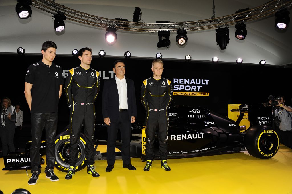 (L to R): Esteban Ocon, Jolyon Palmer, Carlos Ghosn (Chairman of Renault) and Kevin Magnussen at the Renault F1 launch at Guyancourt, France, February 3, 2016