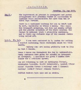 The final copy of the Cranleigh School Times from May 11, 1926. During the General Strike John Purvis produced a one-page news-sheet on a device known as a jelly duplicator, the end result pinned up on noticeboards.  The first issue came out on May 6, with the last edition published on May 11 by which time the strike was petering out. 