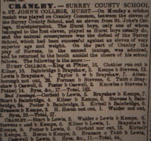 Newspaper report on Cranleigh's first school match