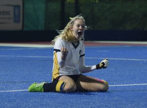 Charlotte Calnan celebrates a vital goal at the national finals in 2016